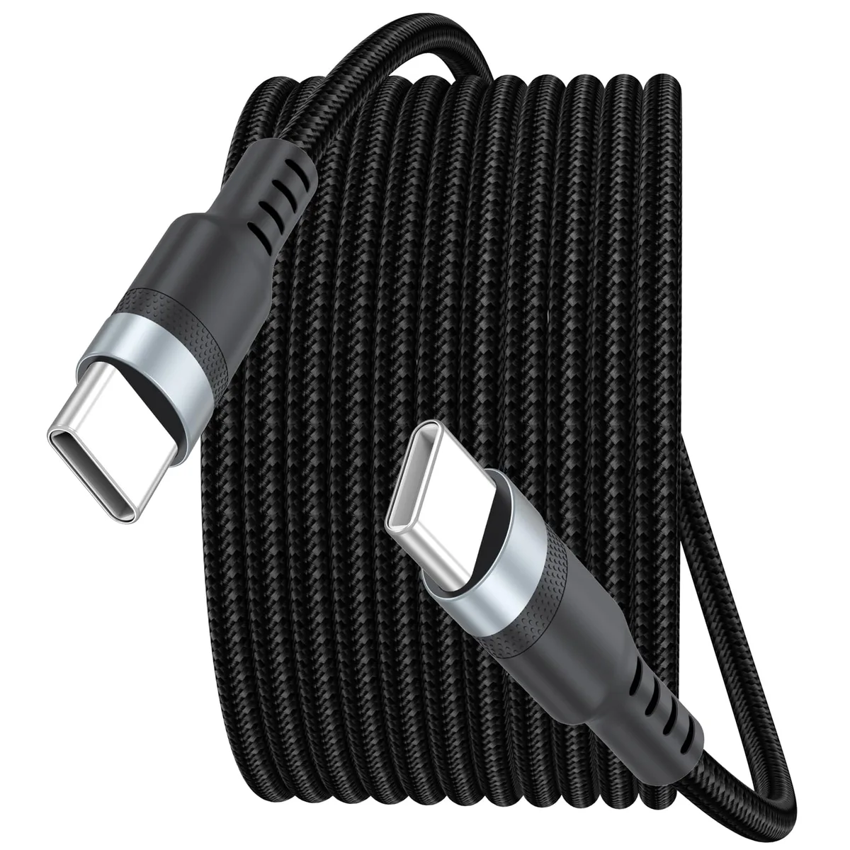 Grey braided USB-C to USB-C cable, 15 feet long, male-to-male connectors