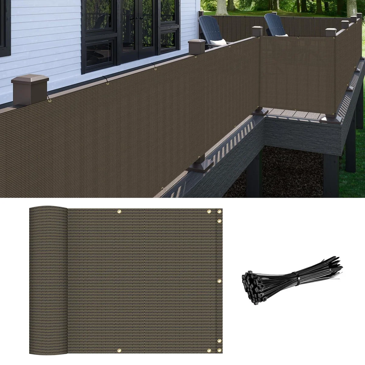 Brown rectangular mesh privacy screen 2.5 by 12 feet with brass grommets