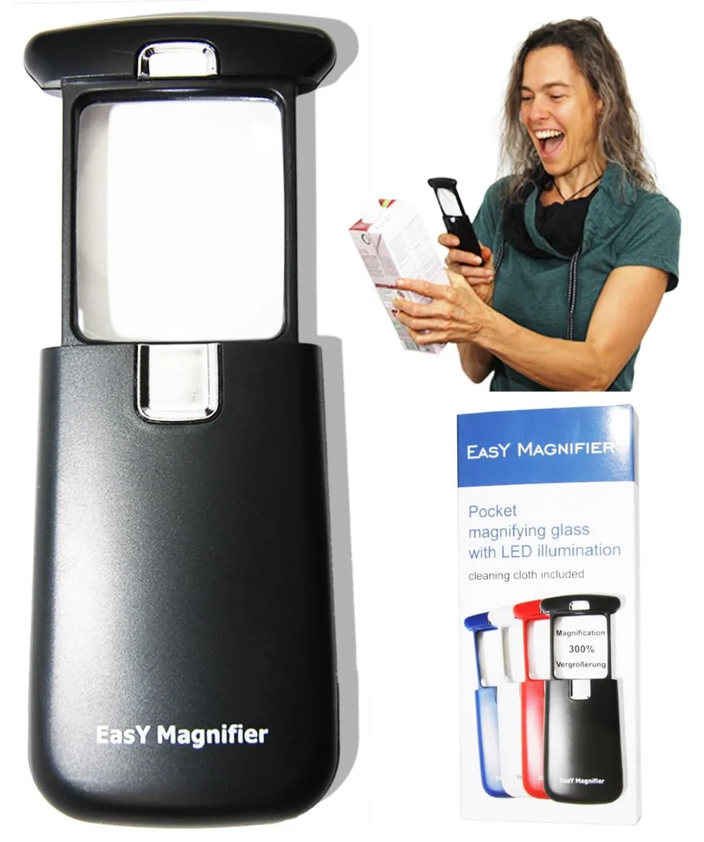 Twelve black pocket magnifiers with slide-out acrylic lenses and automatic LED lights