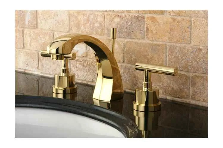 Polished chrome two-handle widespread lavatory faucet with pop-up drain