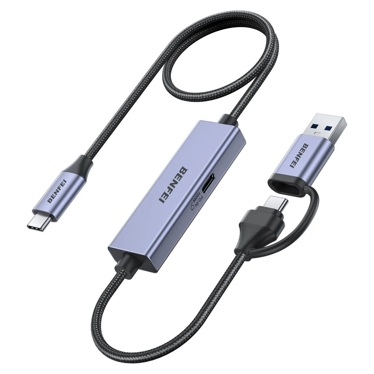 Compact grey USB-C capture dongle with short cable and USB-A plug