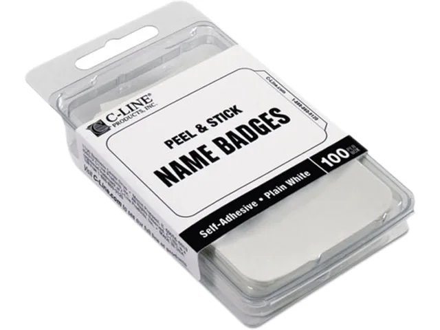 White rectangular self-adhesive name badges with tabbed edges in a box of 100