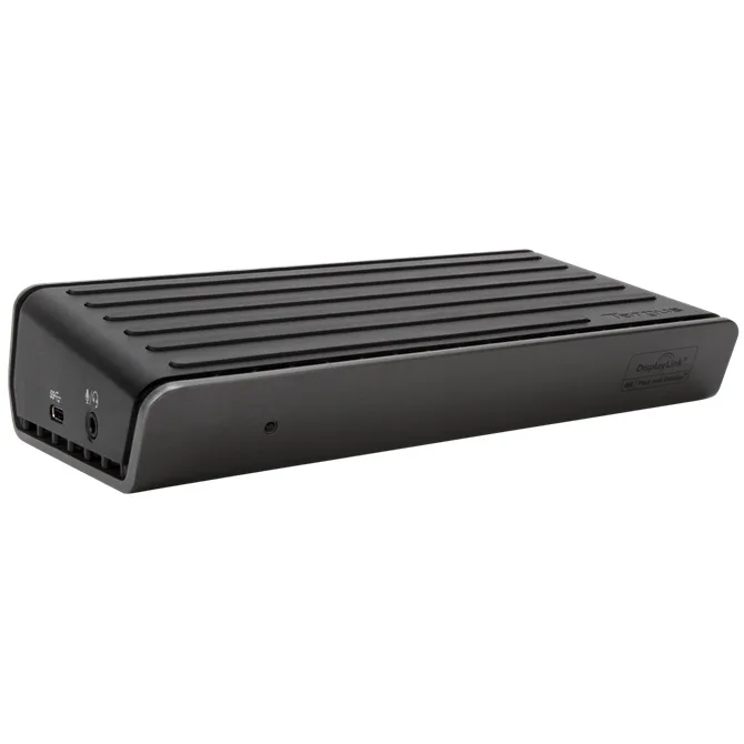 Black wedge-shaped USB-C docking station with multiple ports on the sides