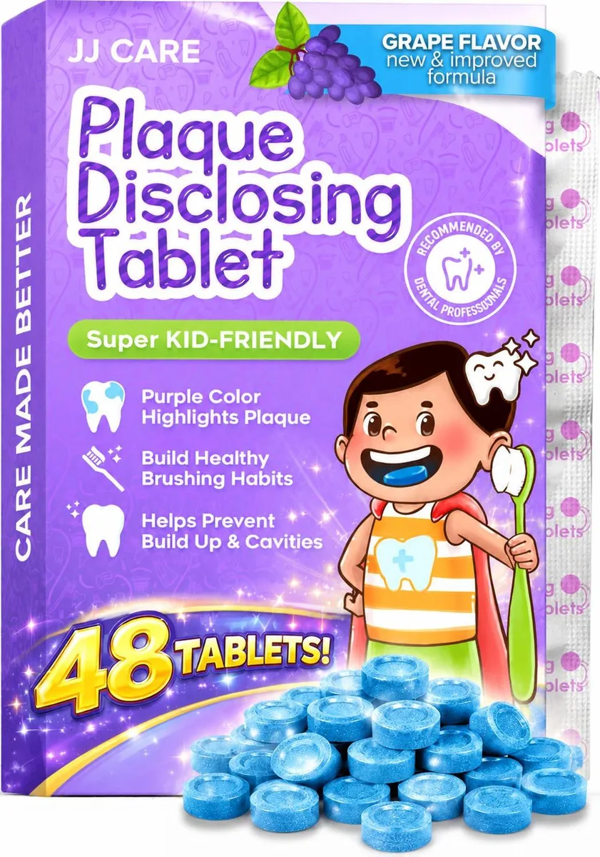Box of 48 individually wrapped grape-flavoured plaque disclosing tablets