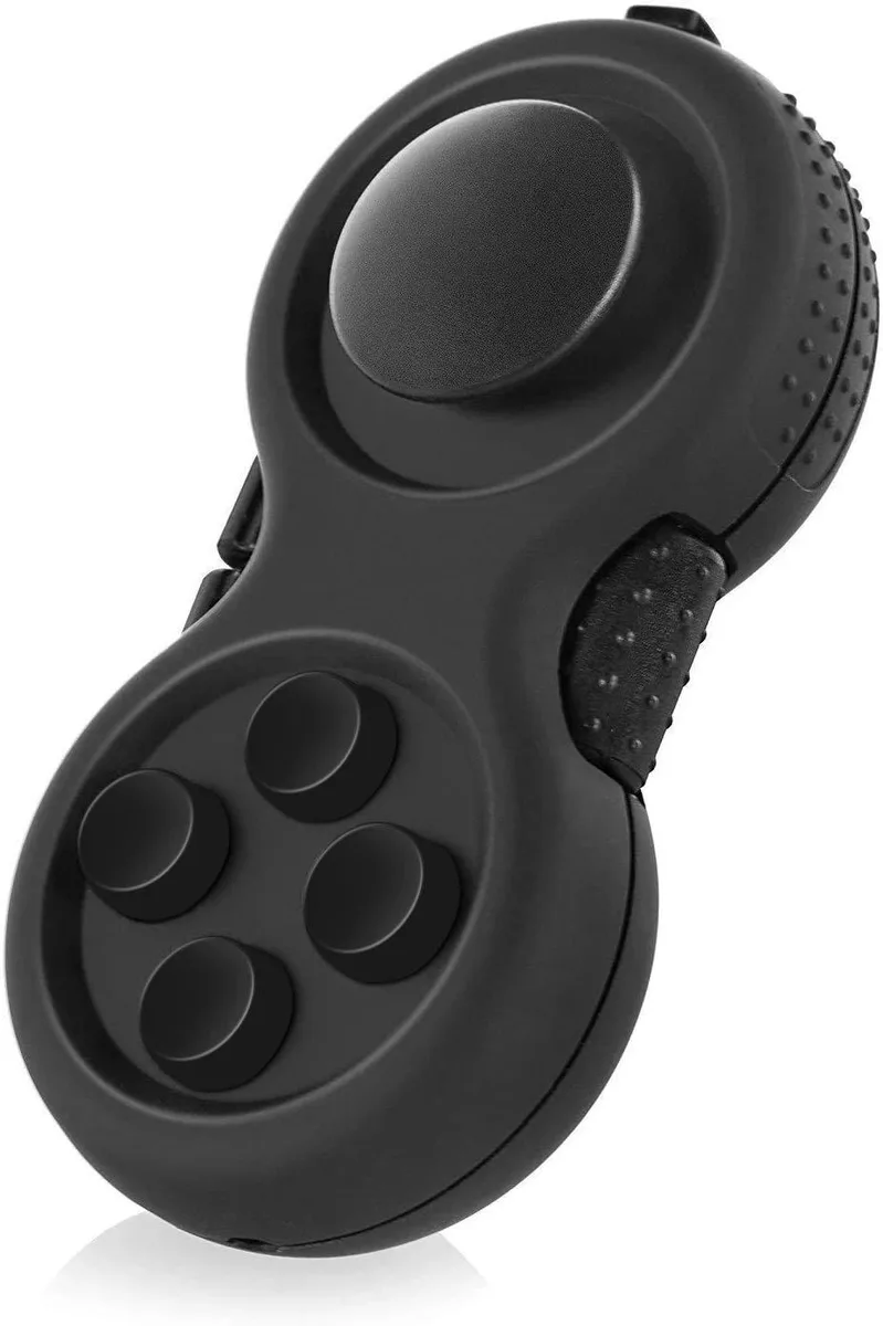 Rubberised game-controller fidget toy with eight functions and lanyard