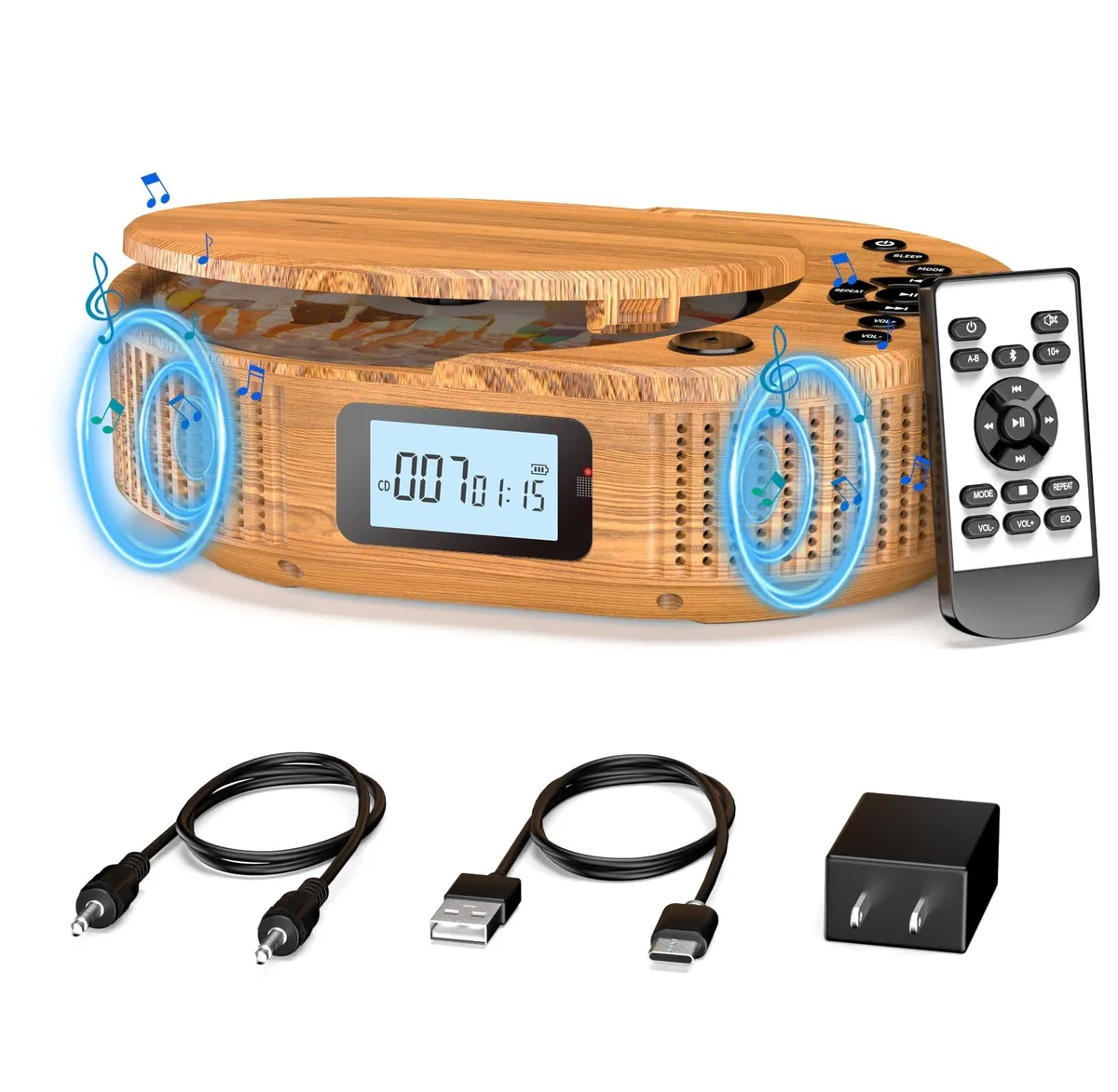 Black rectangular boombox CD player with front speakers, carry handle and remote control