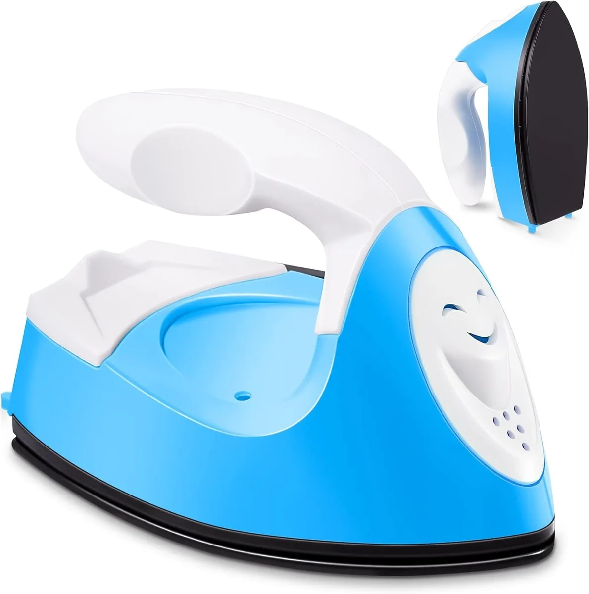 Small blue mini craft iron on charging base, compact rectangular shape with non-stick soleplate, about 10 by 6 by 7 centimetres