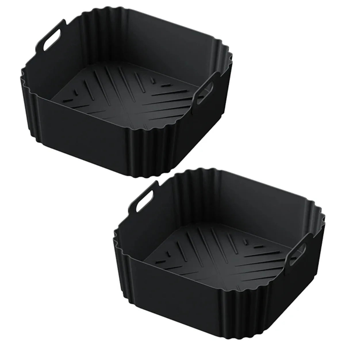 Two black square silicone liners with waved bases and raised handles, 9 inch top size