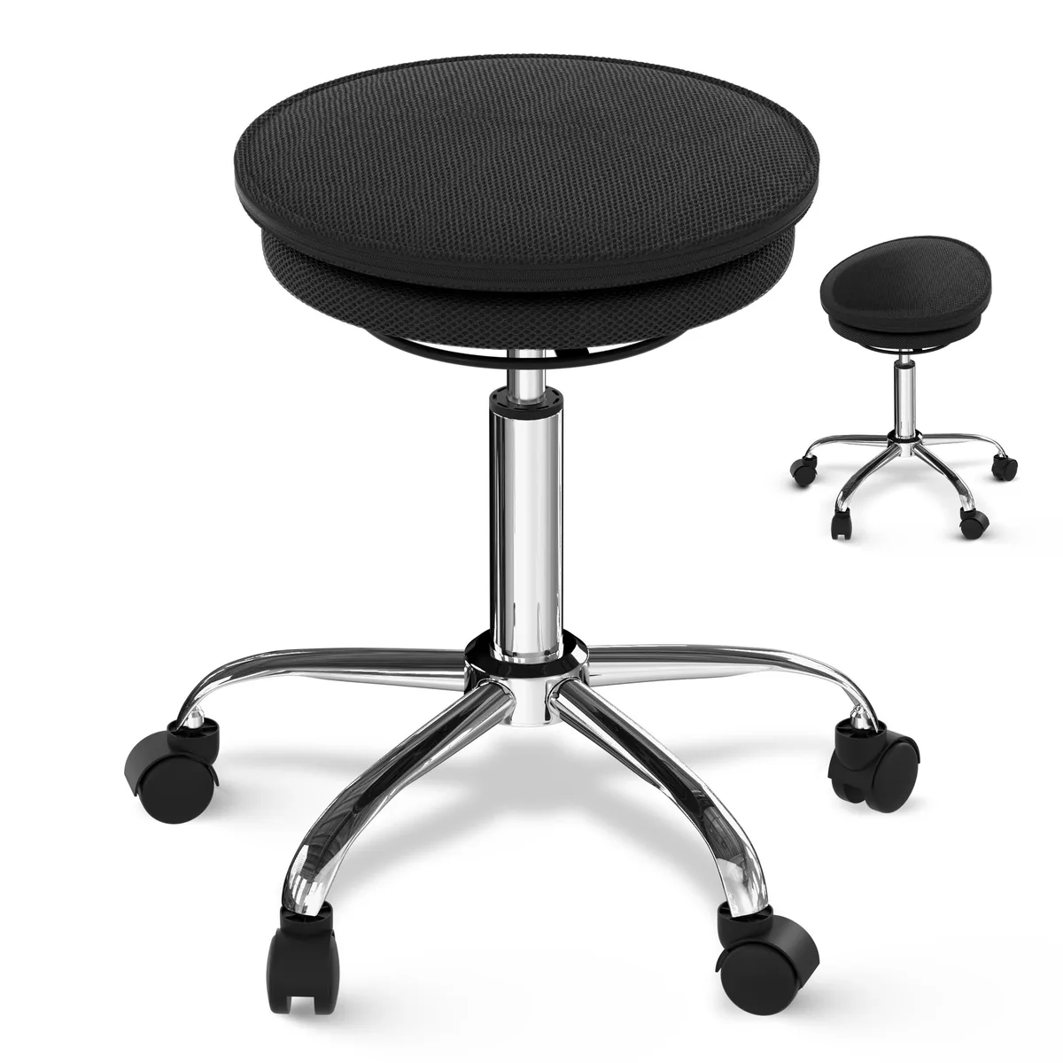 Black rolling stool with wobble cushion seat on five-star base with casters