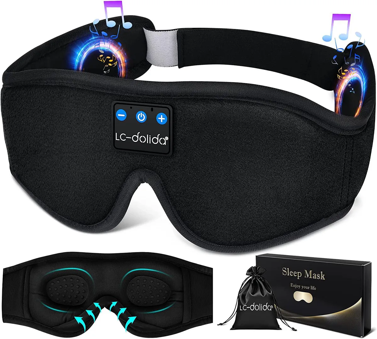 Soft padded sleep mask with built-in flat speakers and Bluetooth 5.2 module