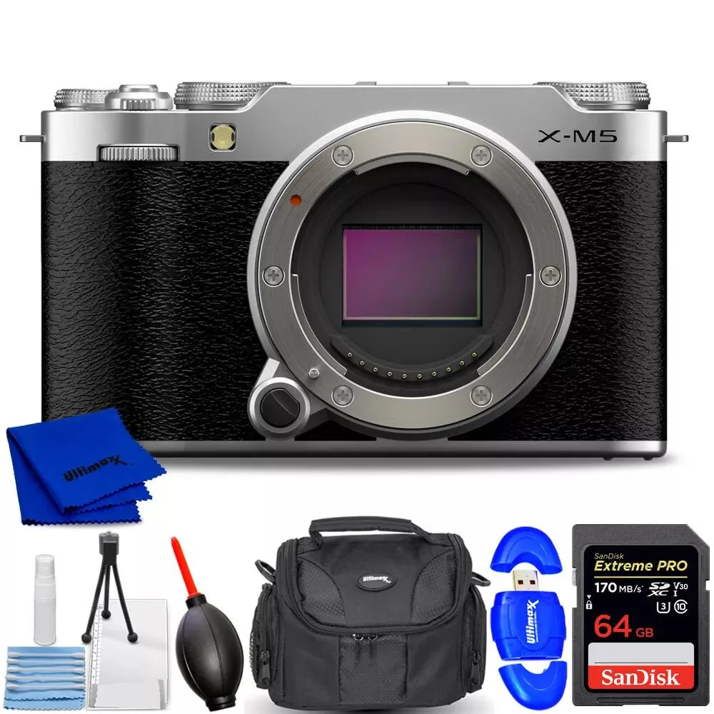 FUJIFILM FUJIFILM X-M5 Silver compact mirrorless camera 7PC accessory bundle — product photo