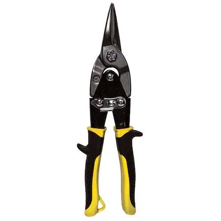 Red-handled aviation snips with serrated blades and compound leverage linkage
