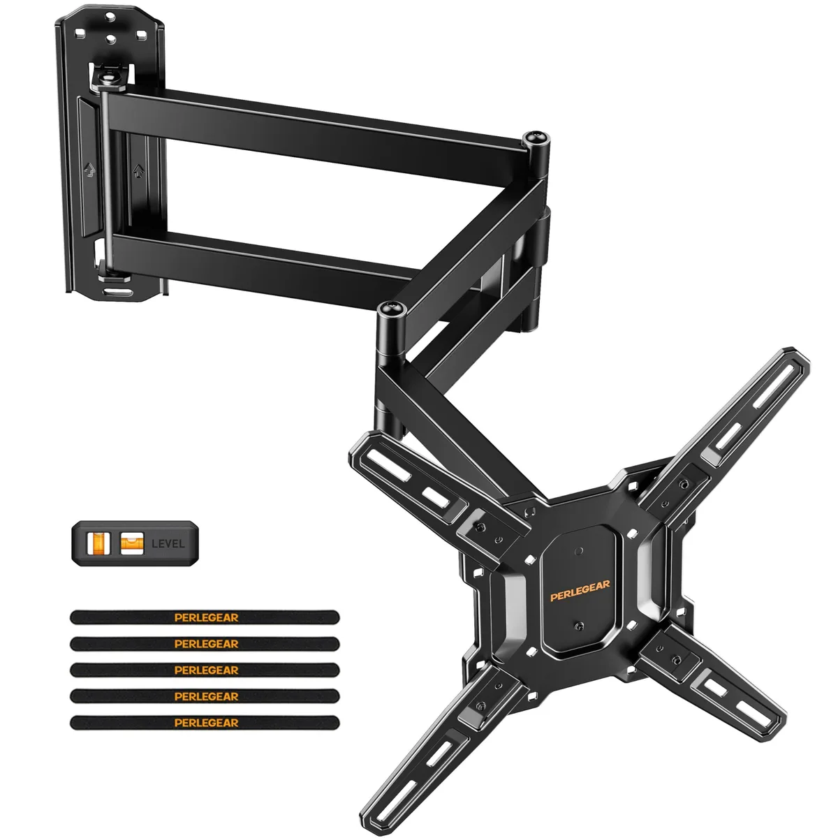 Black full-motion TV wall mount with long articulated arm extended from wall plate