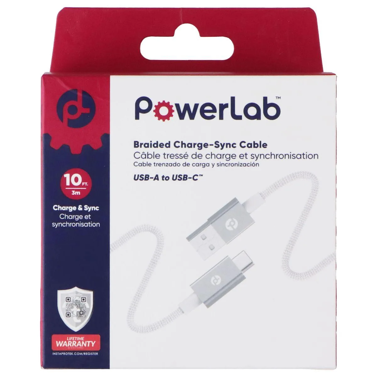 PowerLab PowerLab 10 ft Braided USB-A to USB-C Cable White/Silver — product photo