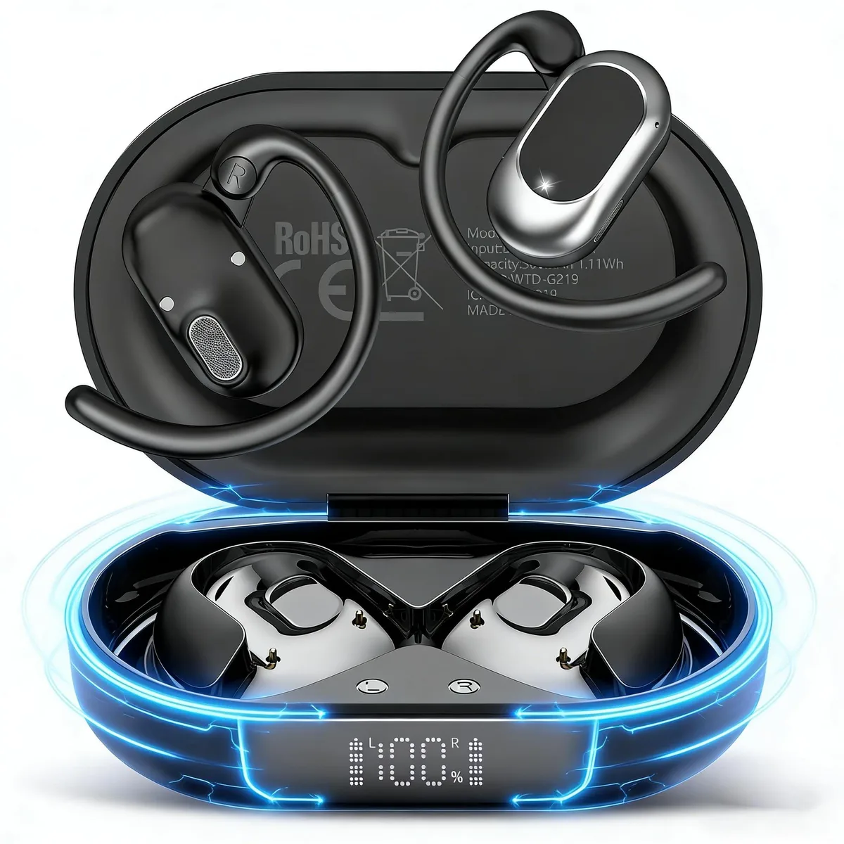 White open-ear headphones with silicone ear hooks and charging case