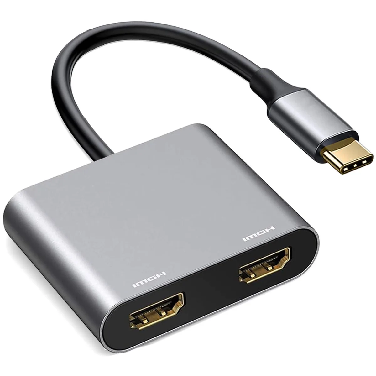 Small black rectangular USB-C adapter with two HDMI ports, 15.9 cm long