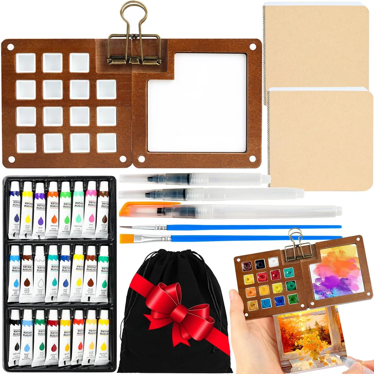  Bukicho Mini Watercolor Paint Set 251028A 24 Colors 15-Grid Walnut Palette 2 Sketchbooks 5 Brushes — product photo