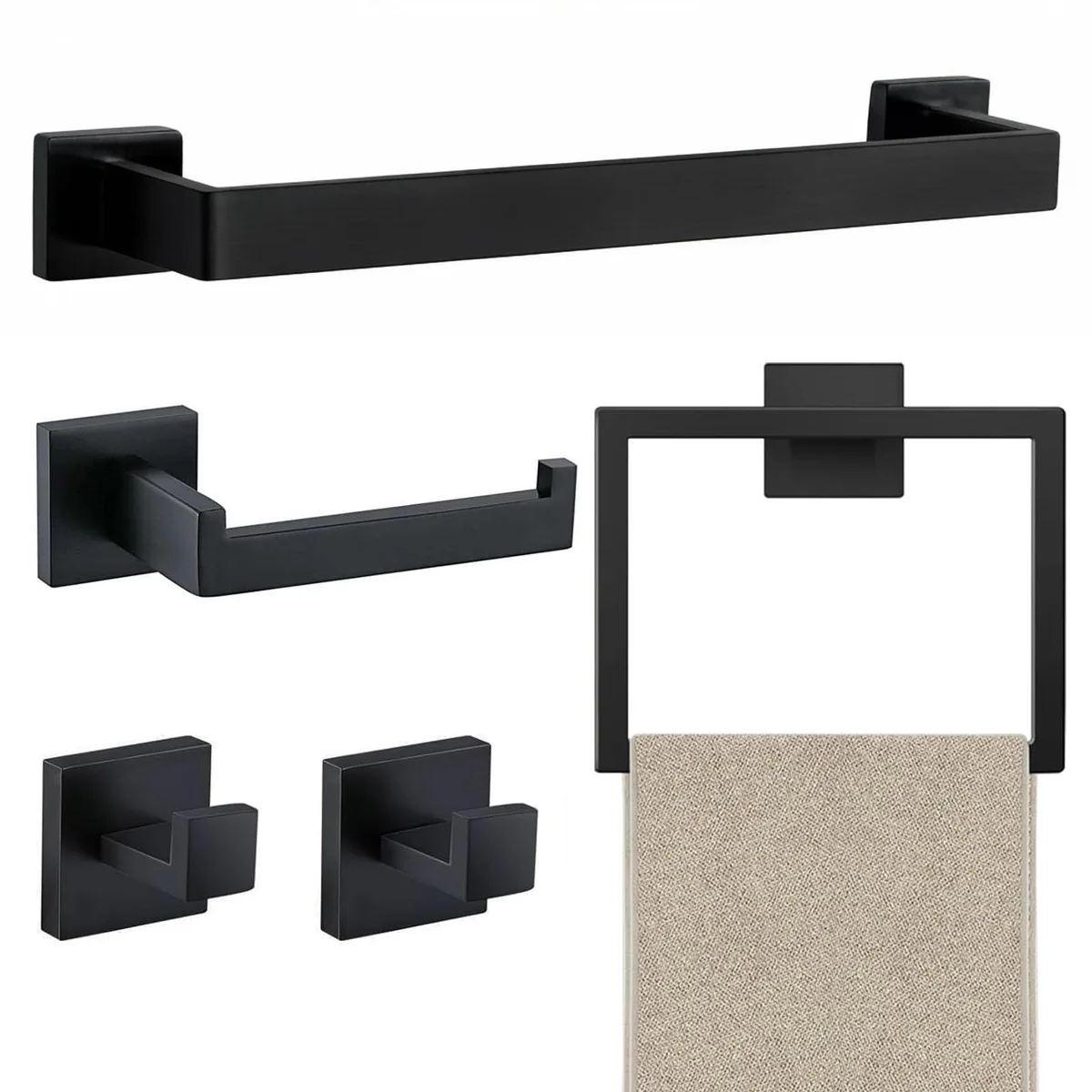 Five-piece matte-black bathroom hardware set with towel bar, ring, paper holder and two hooks