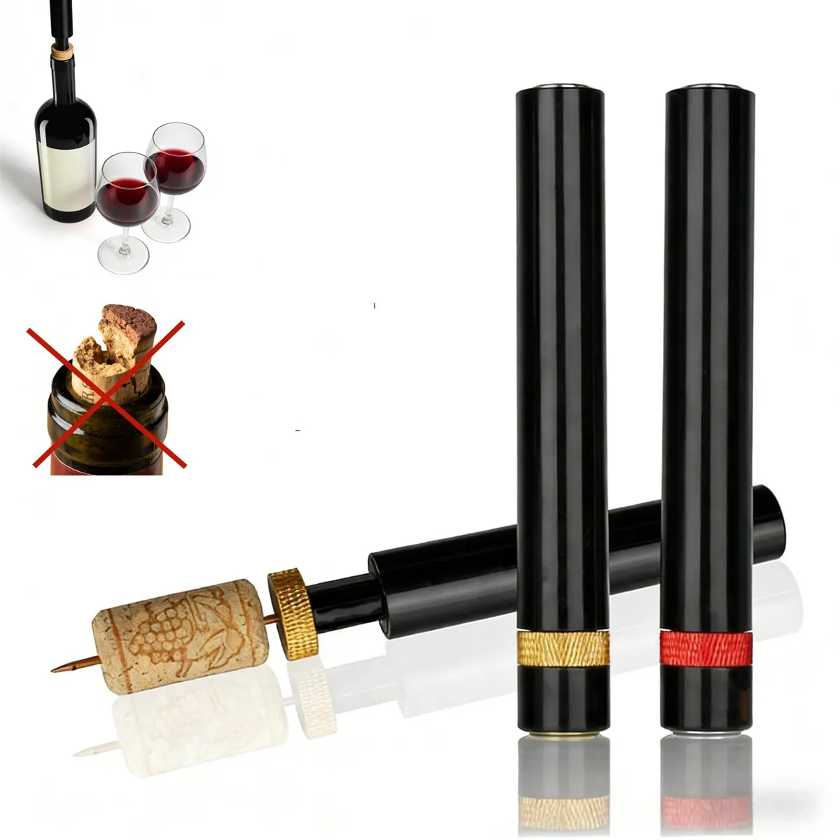 Two black needle-type air-pump wine openers with aluminum handles and protective sleeves