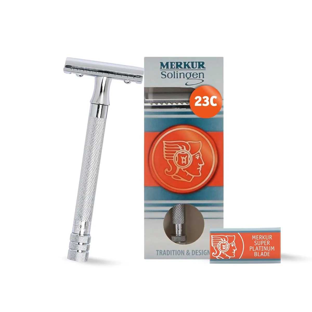 Polished chrome safety razor with long knurled brass handle, three-piece closed comb design