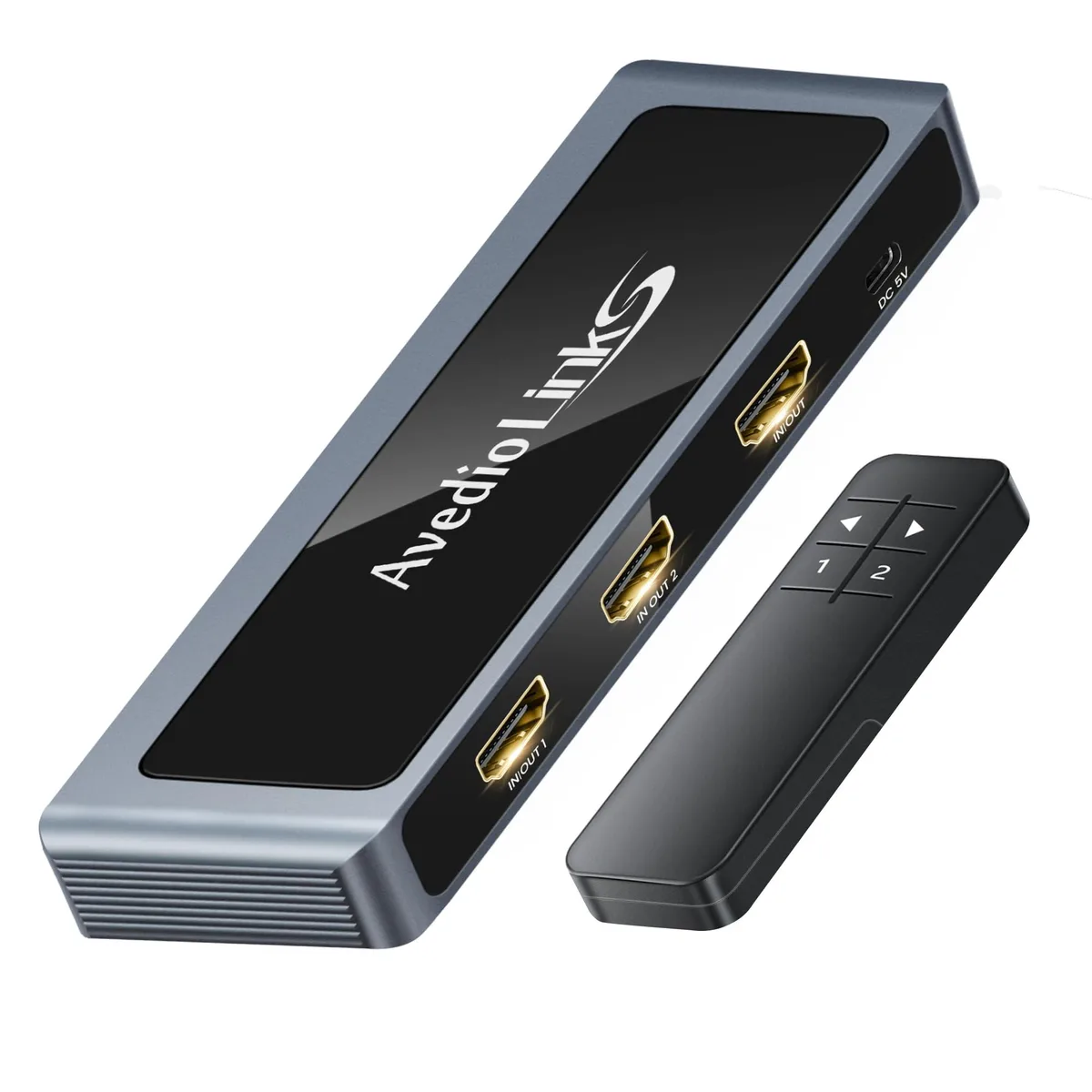 Grey rectangular HDMI switch with three ports and remote