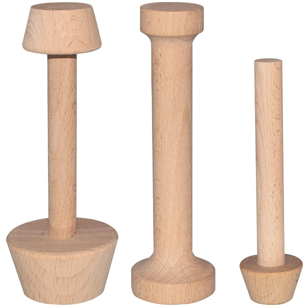 Three wooden tart tampers in different sizes, natural finish, smooth rounded handles