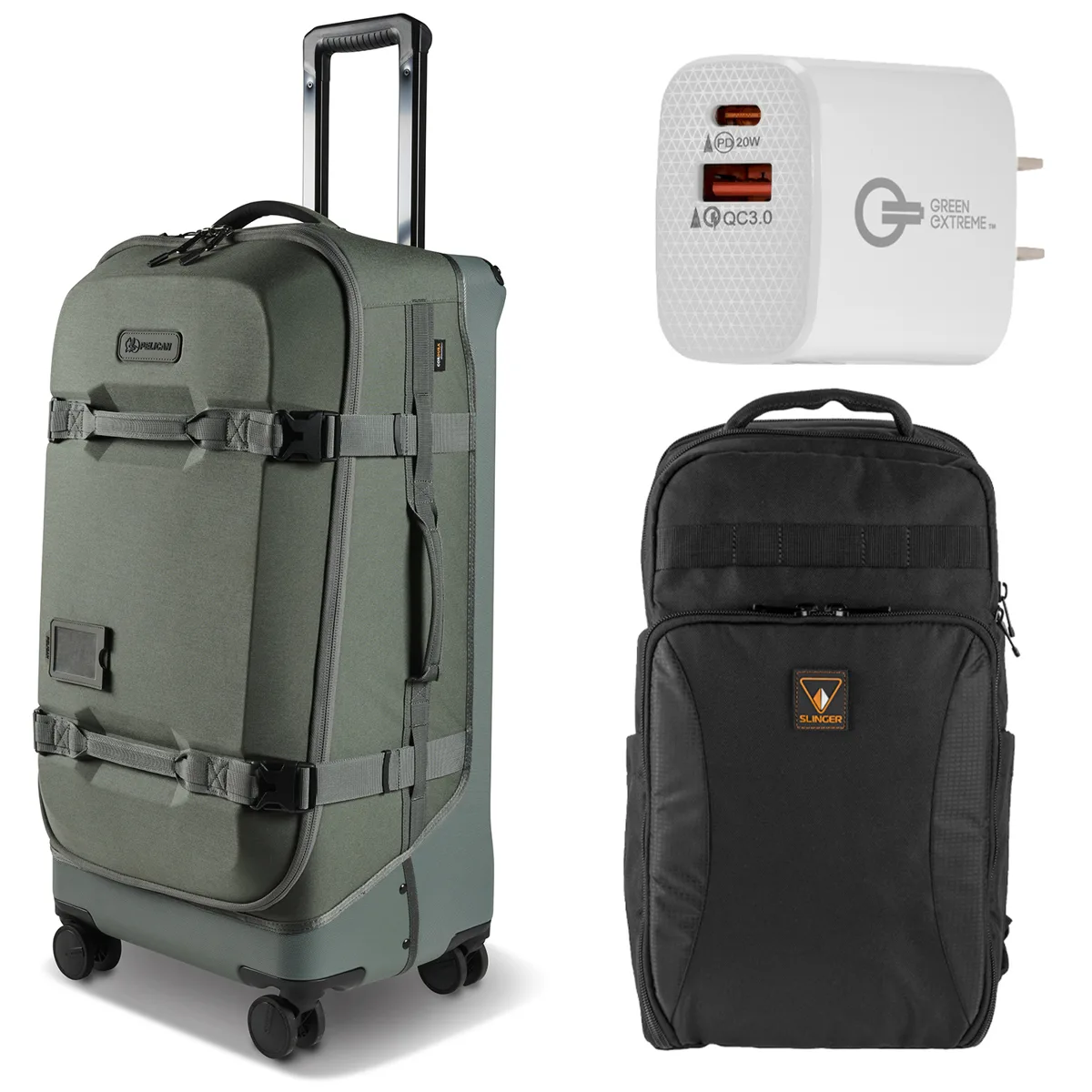 Pelican Products, Inc. Pelican Aegis 90 L Wheeled Hybrid Duffel, Charcoal Gray with AirTag, Backpack, and Wall Charger — product photo