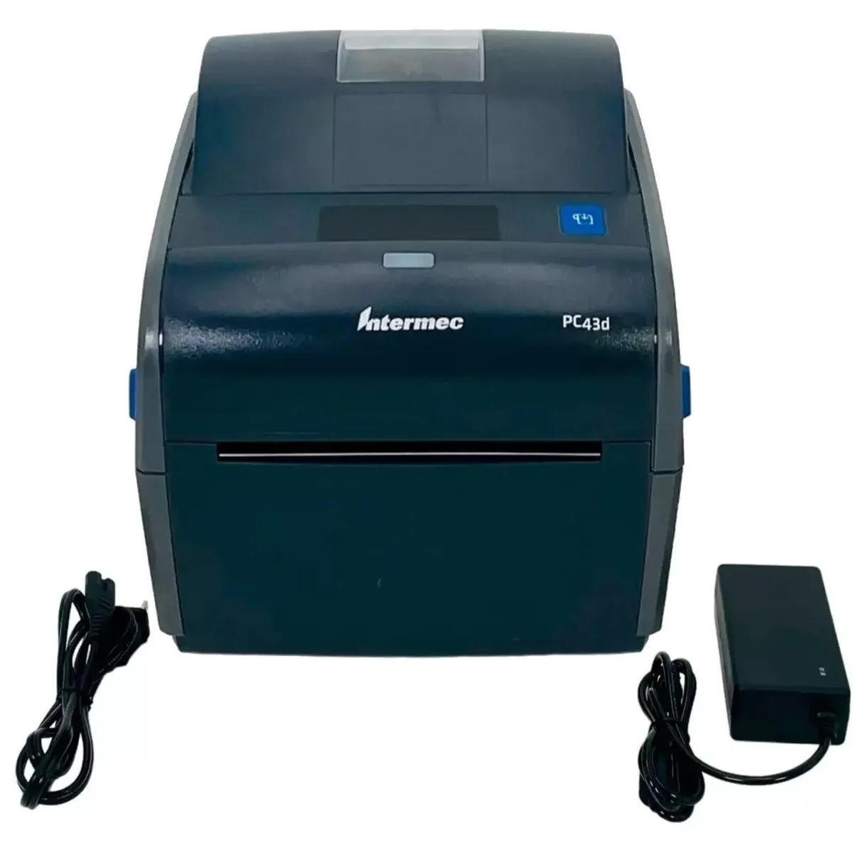 Compact desktop barcode printer in matte grey plastic with front label slot and USB port