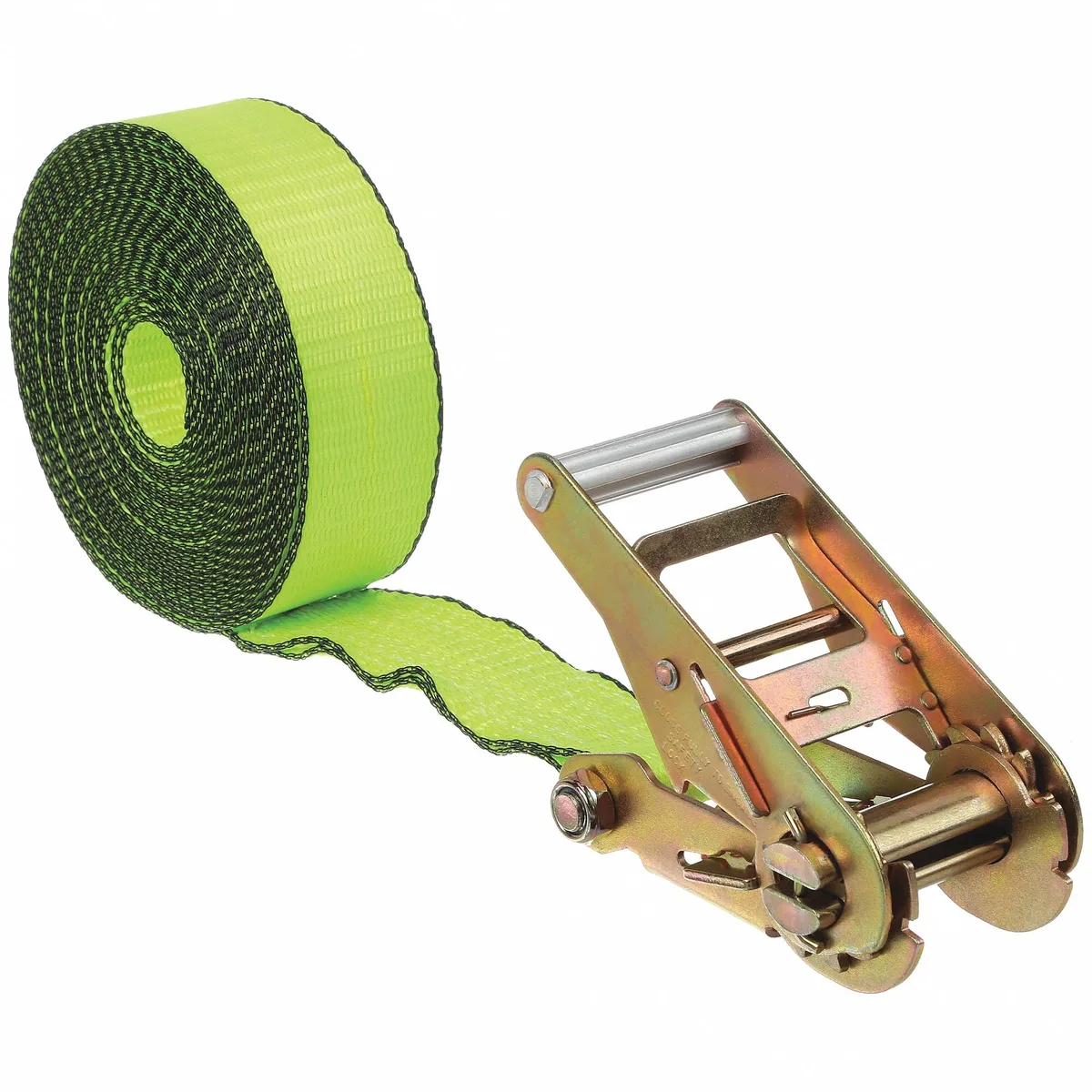 Green endless ratchet strap assembly 27 ft long 2 in wide with cut-resistant edges
