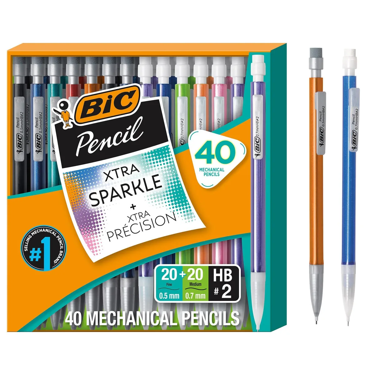 Pack of 40 BIC mechanical pencils, 20 each of 0.5 mm and 0.7 mm, assorted barrel colours