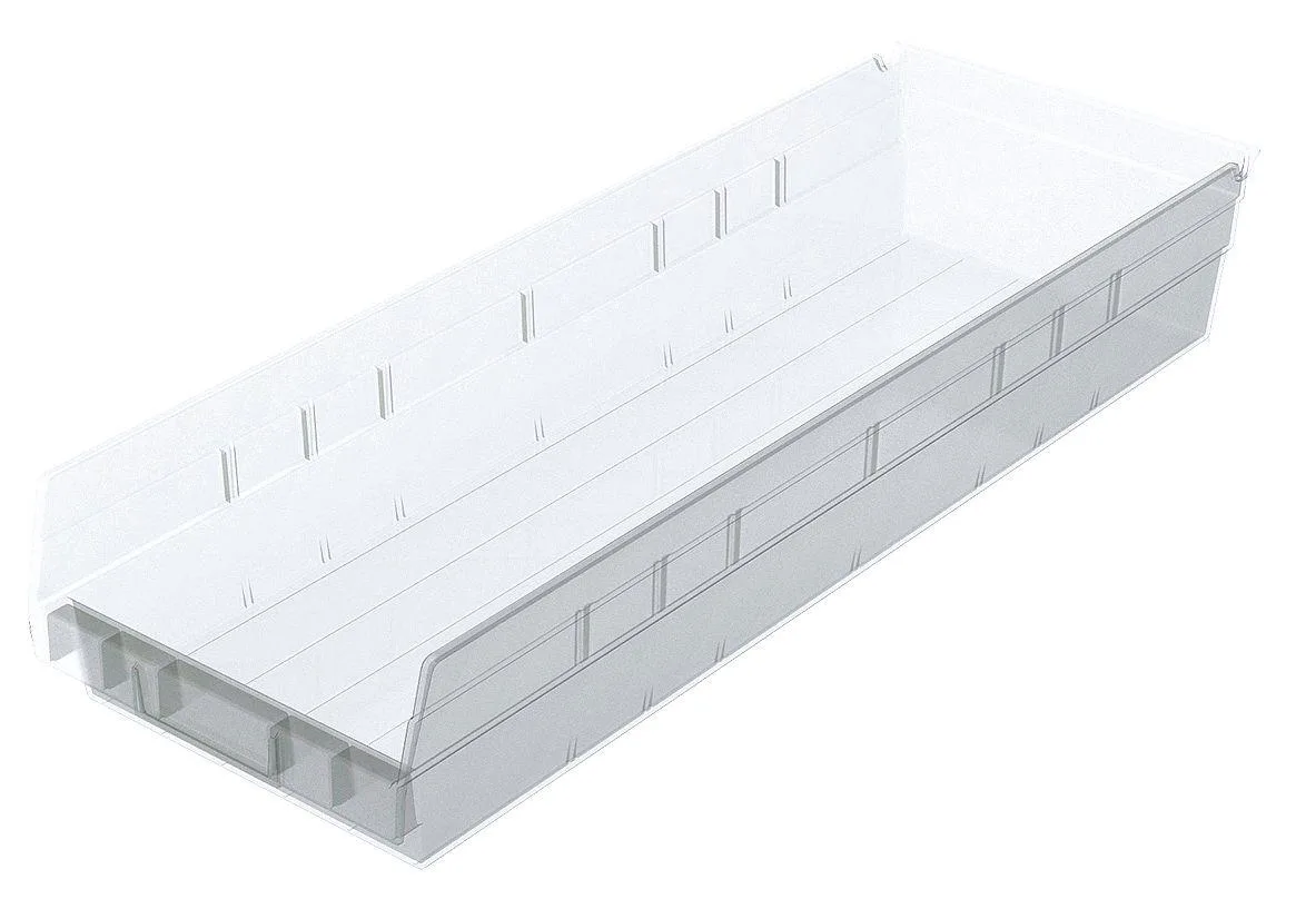 Clear plastic shelf storage bin 23 5/8 in long with molded label area