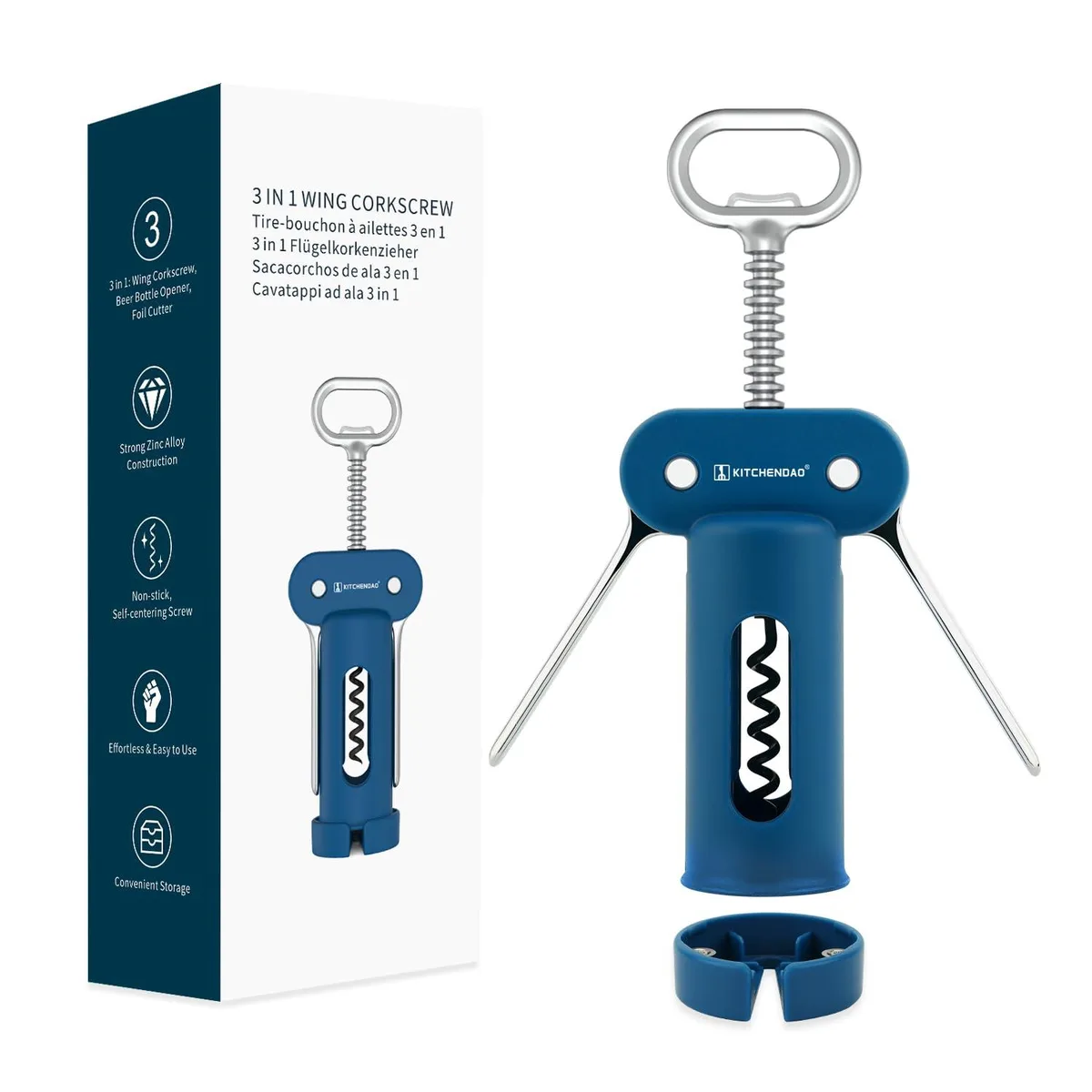 Blue zinc alloy wing corkscrew with foil cutter and bottle opener