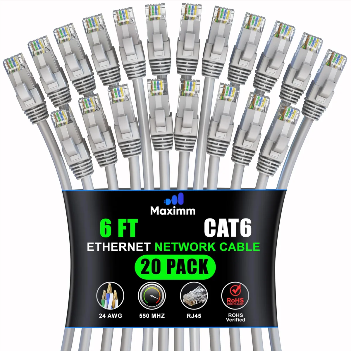 Twenty gray Cat6 patch cables with gold RJ45 connectors and snagless boots coiled together