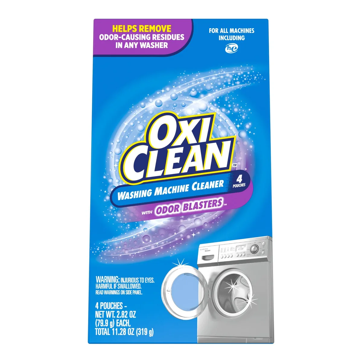Cardboard box containing four pre-measured pouches of washing machine cleaner