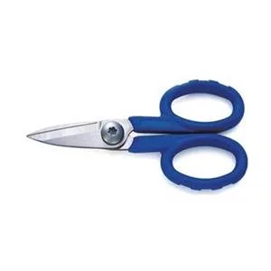 Blue ergonomic plastic-handled cutter with chrome-plated partially serrated steel blade