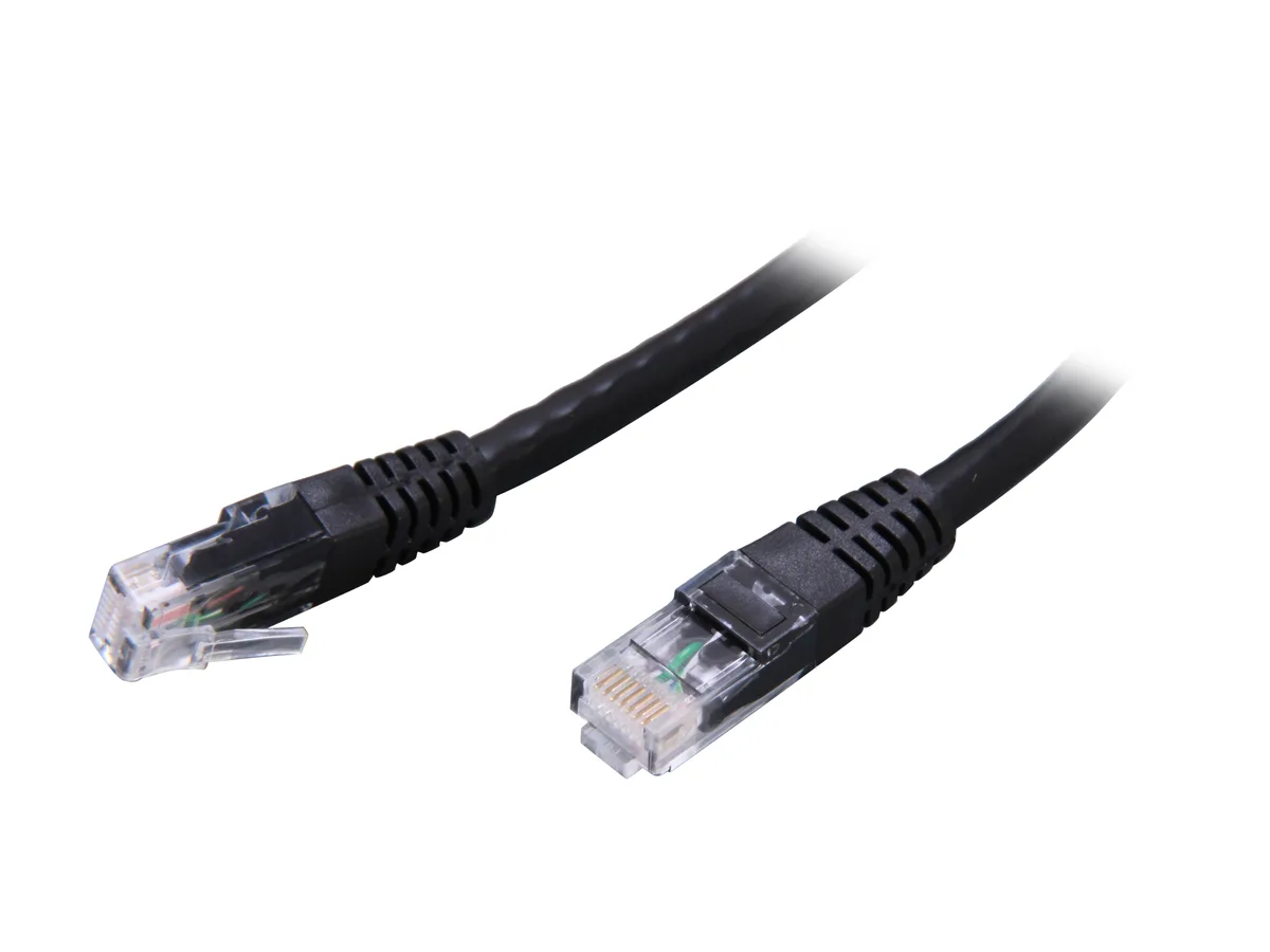 Black 15 ft Cat6 Ethernet patch cable with RJ45 connectors on both ends
