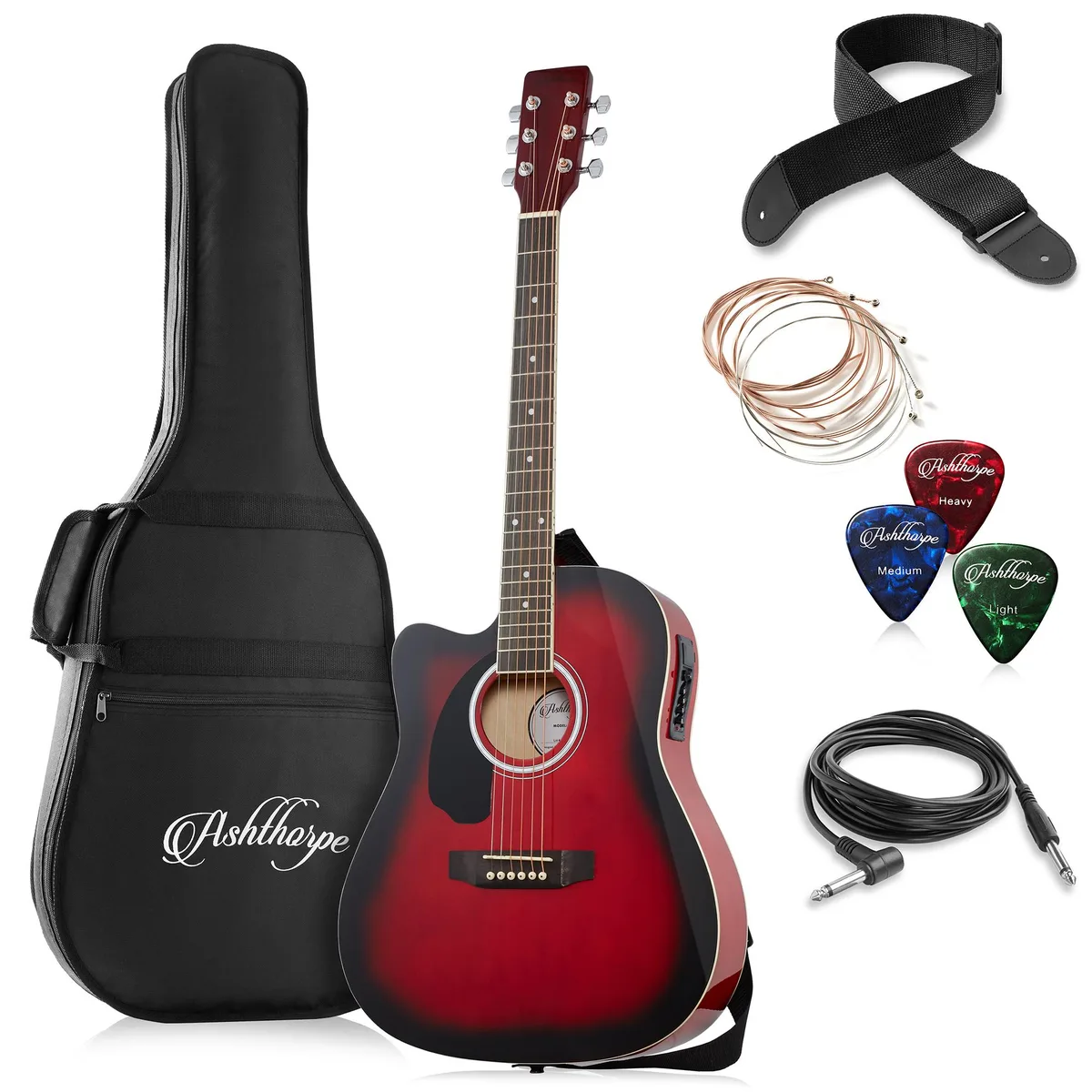 Ashthorpe Ashthorpe Left-Handed Dreadnought Cutaway Acoustic-Electric Guitar 41" 4.5" Red — product photo