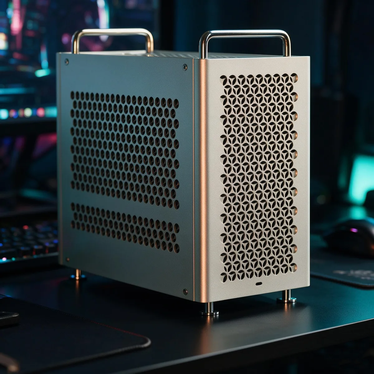 Silver aluminium micro-ATX case with mesh front panel and Type-C port