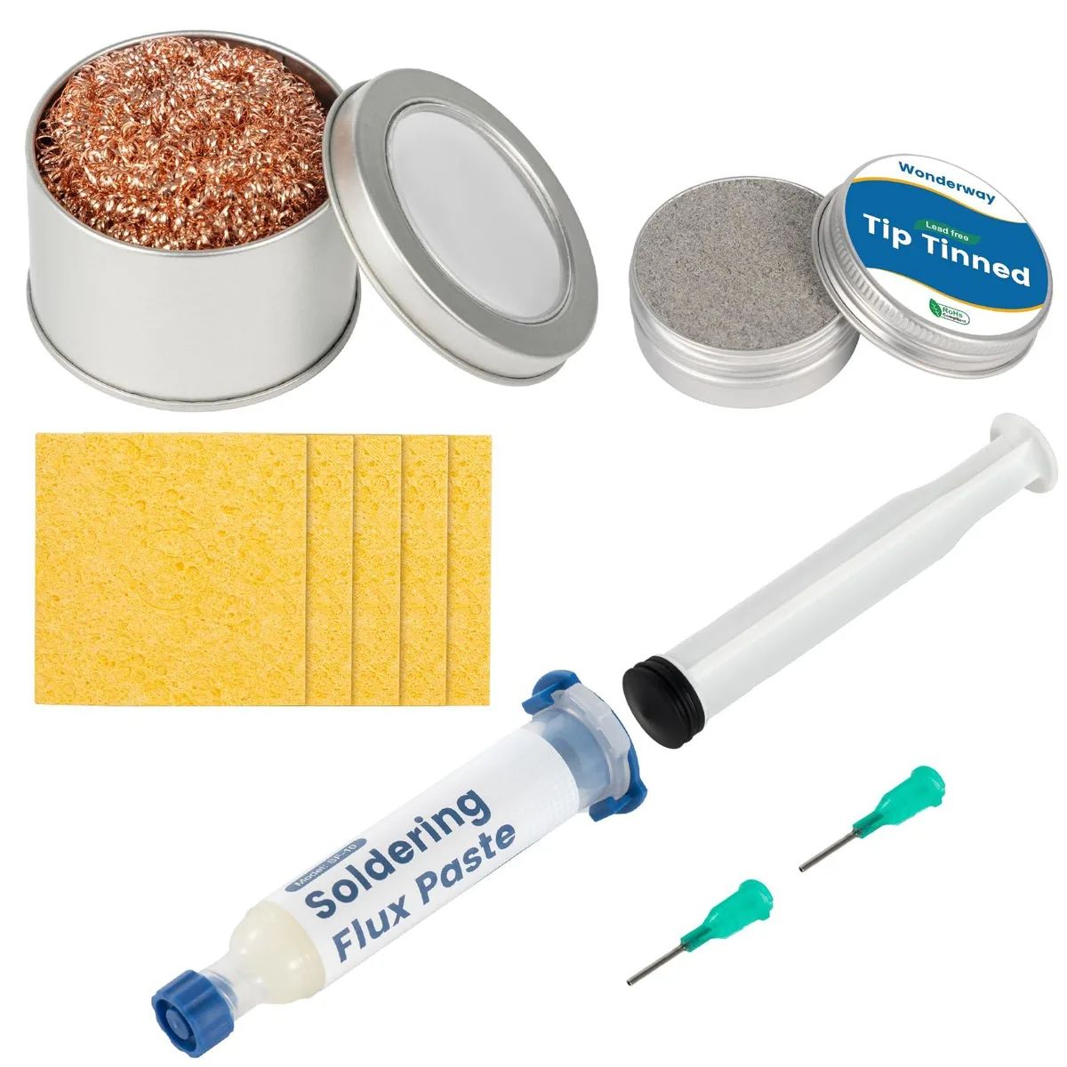 Soldering kit with flux, tip tinner, brass wire and sponges