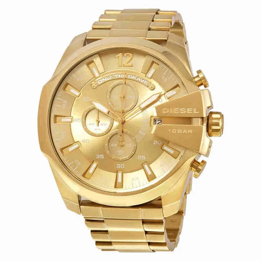 Large stainless steel chronograph with champagne dial, 59 by 51 mm case, fixed bezel, 12 mm thick