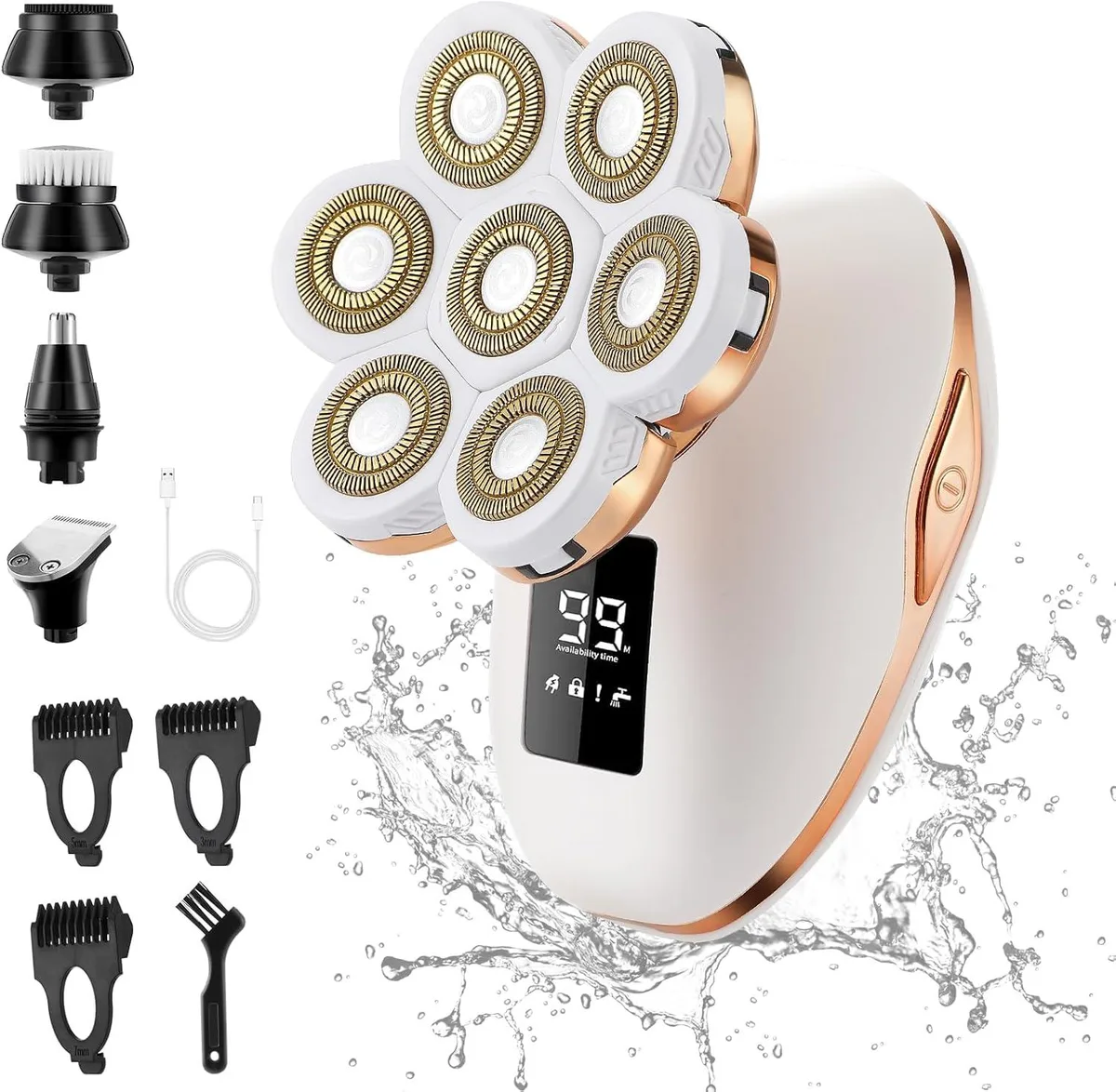 Pink electric lady shaver with five detachable heads and LCD display
