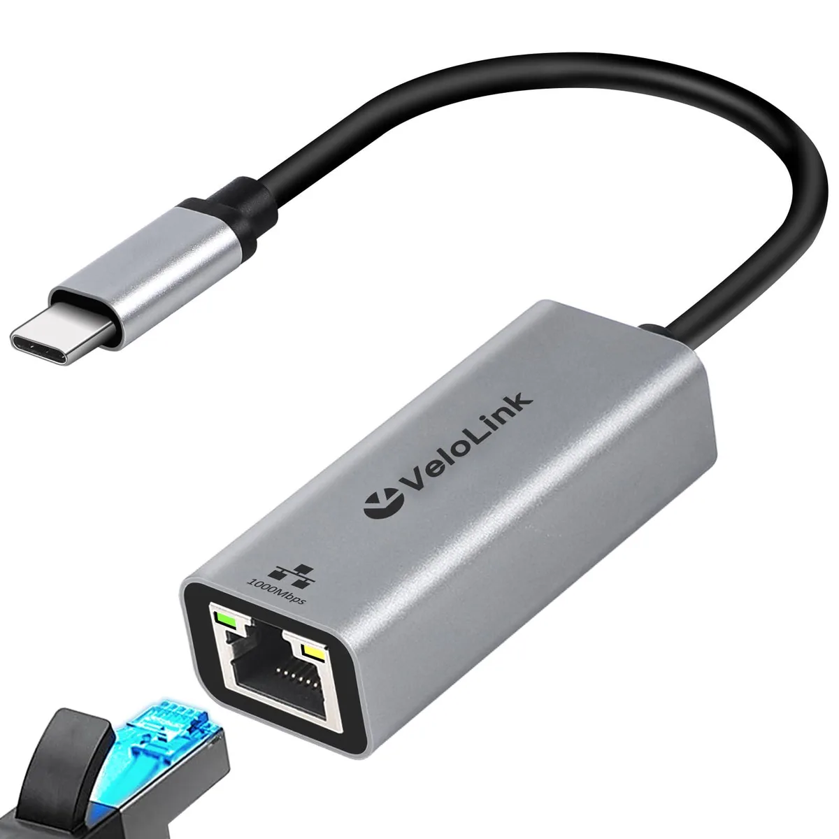 Gray USB-C to RJ45 adapter with short cable, aluminum housing