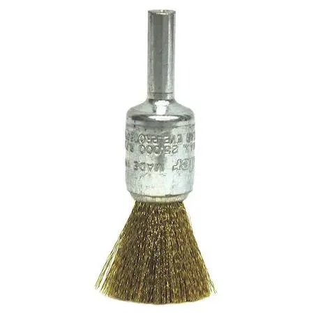 Small brass crimped wire end brush with silver 1/4 inch round shank
