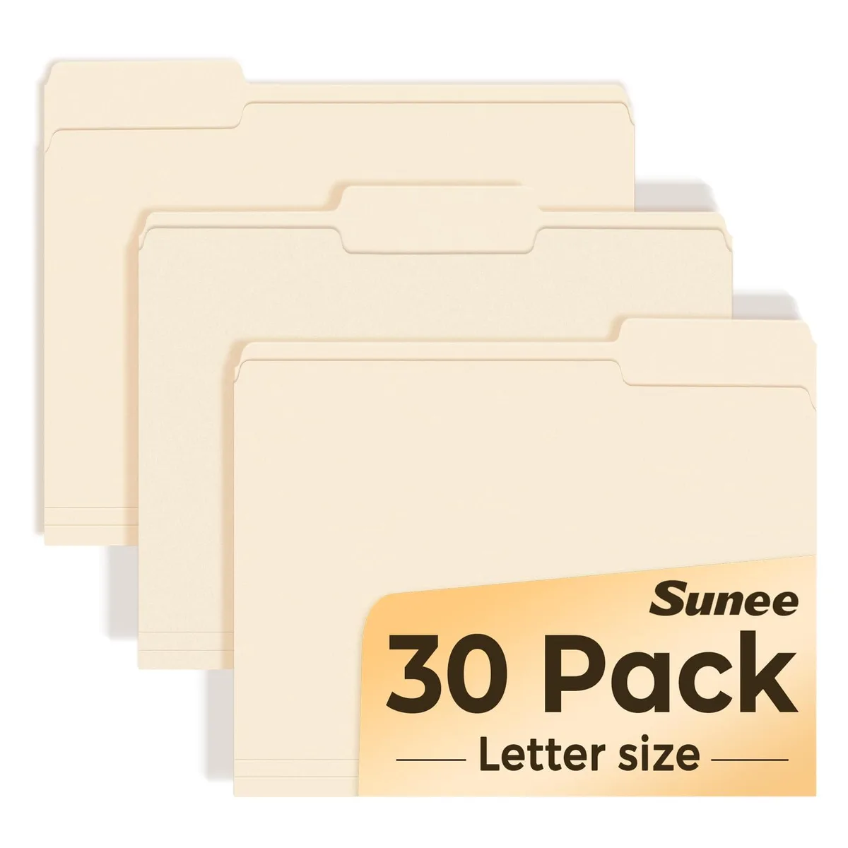 Stack of 30 manila letter-size file folders with 1/3 cut tabs