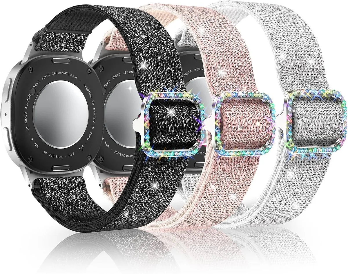 ETEIZU ETEIZU Galaxy Watch Band 3-Pack Stretchy Nylon Sparkle Rhodium Buckle 40mm 44mm 46mm — product photo