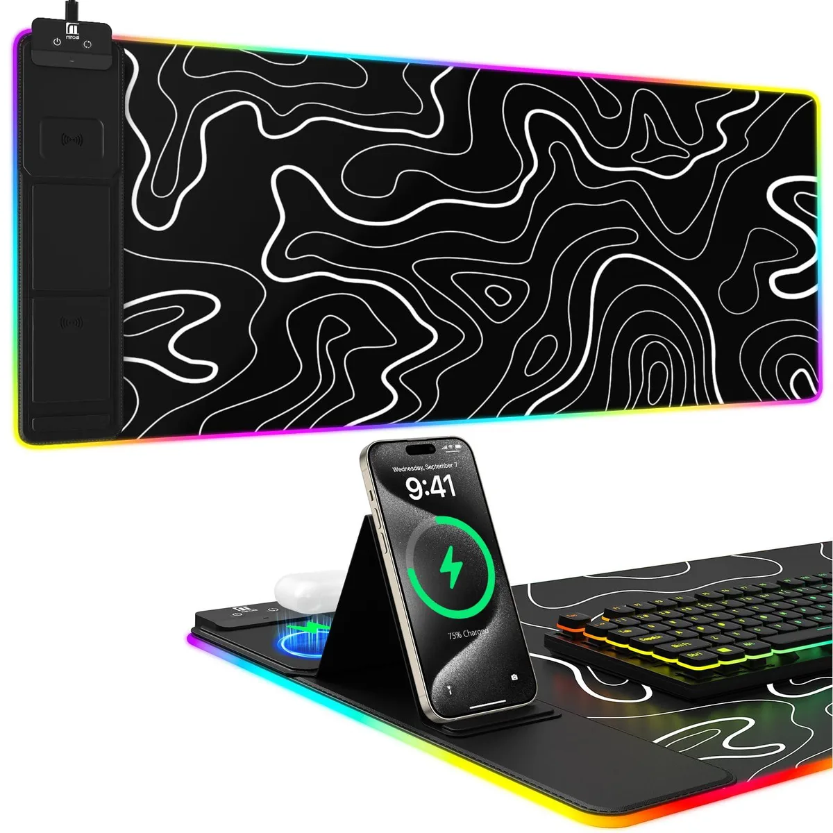  Miroddi RGB Wireless Charging Desk Mat 31.5x15.75 Topographic Black — product photo