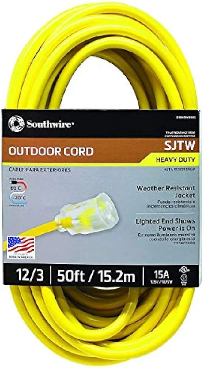 TAURKENAM TAURKENAM 12/3 SJTW 50ft Yellow Extension Cord power adapter — product photo