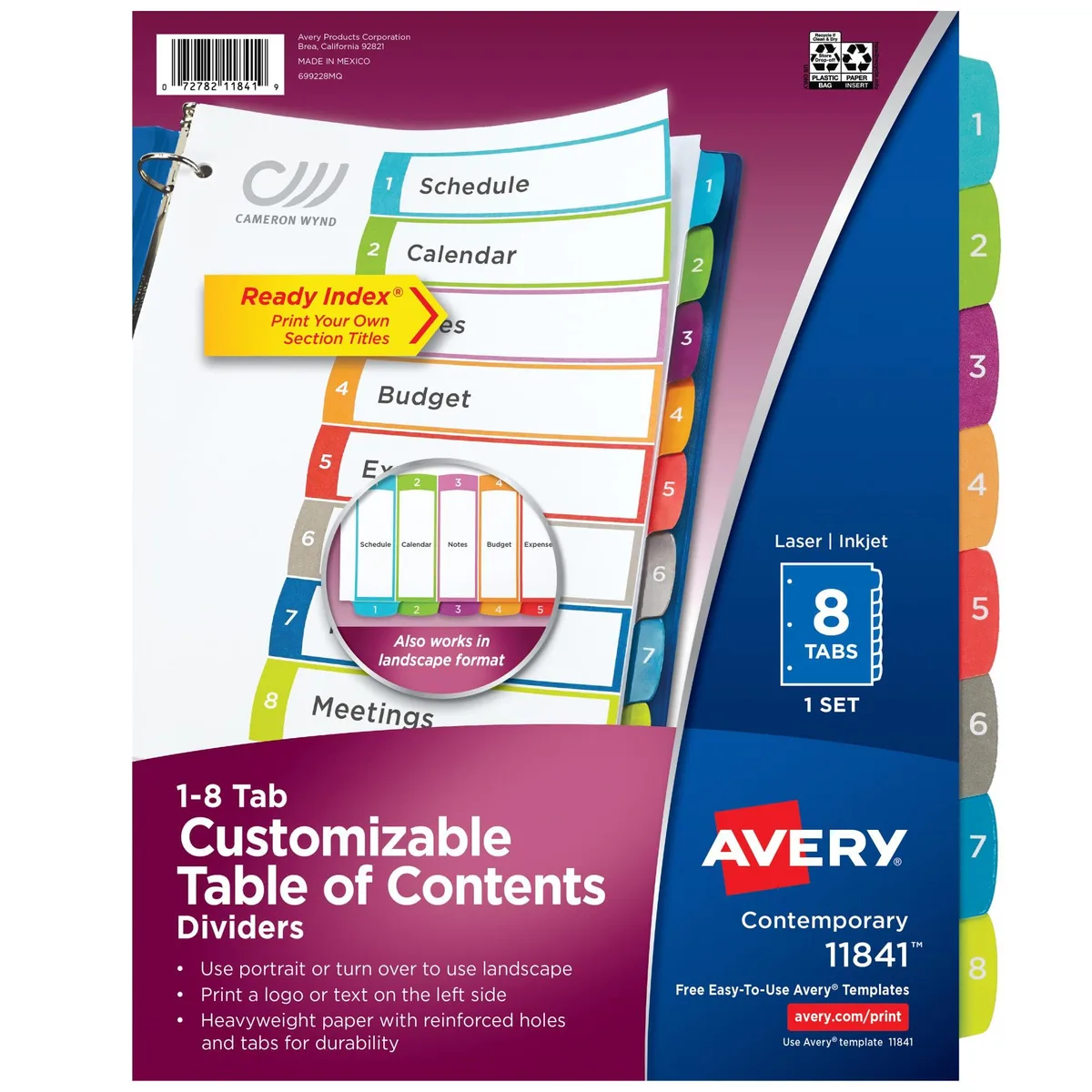 White paper divider set with eight multicolored arched tabs and reinforced holes
