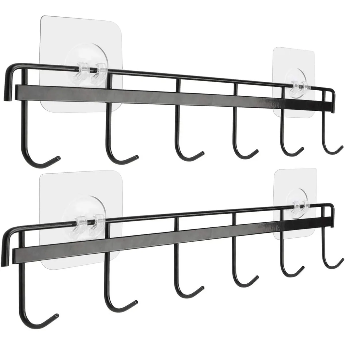 Two black stainless steel kitchen rails each 12.6 inches long with six hooks and adhesive pads