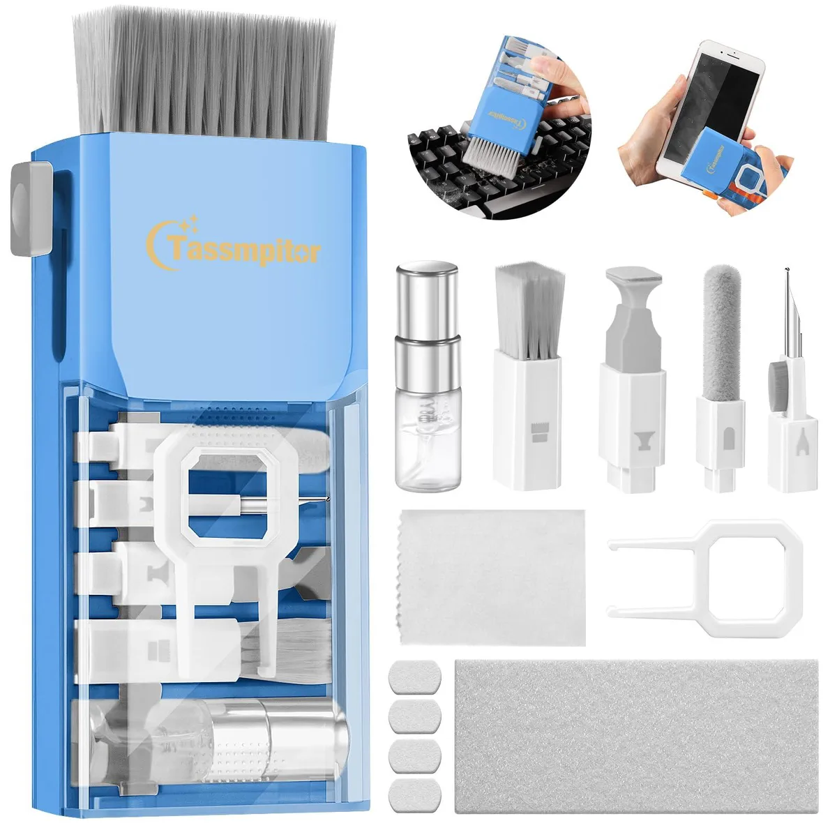 Compact sky-blue cleaning kit with brushes, cloths, spray and tools